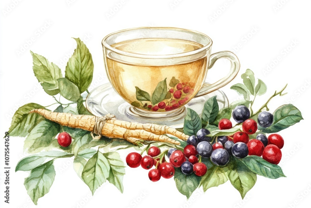 Hand-drawn Indian Ginseng Herbal Tea Set with Berries and Leaves. Watercolor Illustration of Organic Ingredient Hand-drawn Indian Ginseng Herbal Tea Set with Berries and Leaves. Watercolor Illustration of Organic Ingredient