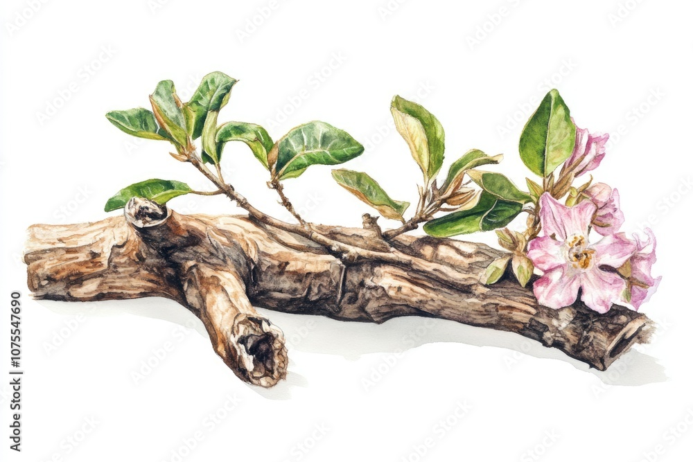 Hand-Drawn Watercolor Illustration of Cat's Claw Medicinal Plant Bark and Flower in Vignette Style Hand-Drawn Watercolor Illustration of Cat's Claw Medicinal Plant Bark and Flower in Vignette Style