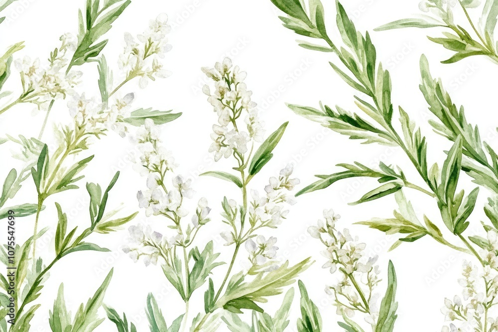 Hand-drawn Watercolor Illustration of Medicinal Plant Sagebrush with Fresh Leaves and Flowers Hand-drawn Watercolor Illustration of Medicinal Plant Sagebrush with Fresh Leaves and Flowers