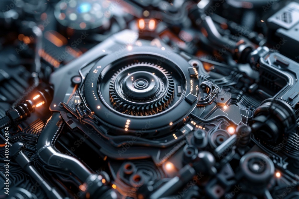 Complex engine showing gears and pistons working together Complex engine showing gears and pistons working together