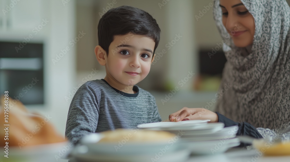 A young boy sits at a table, helping his mother set plates for iftar during Ramadan. The kitchen feels warm and welcoming as they prepare for the evening meal A young boy sits at a table, helping his mother set plates for iftar during Ramadan. The kitchen feels warm and welcoming as they prepare for the evening meal
