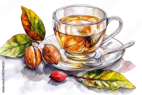 Sacha Inchi Herbal Tea. Watercolor Illustration of Fresh Inca Nut for Health and Beauty Care photo