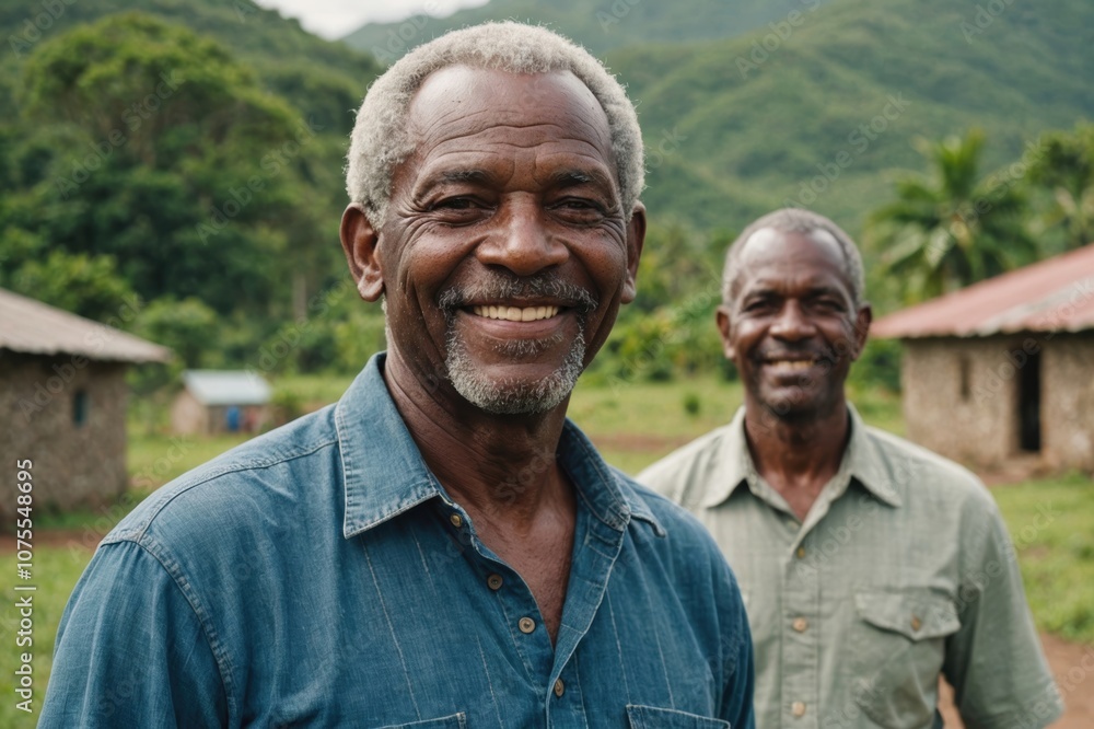 Close portrait of a smiling senior Antiguan and Barbudan male farmer standing and looking at the camera, outdoors Antiguan and Barbudan rural blurred background Close portrait of a smiling senior Antiguan and Barbudan male farmer standing and looking at the camera, outdoors Antiguan and Barbudan rural blurred background