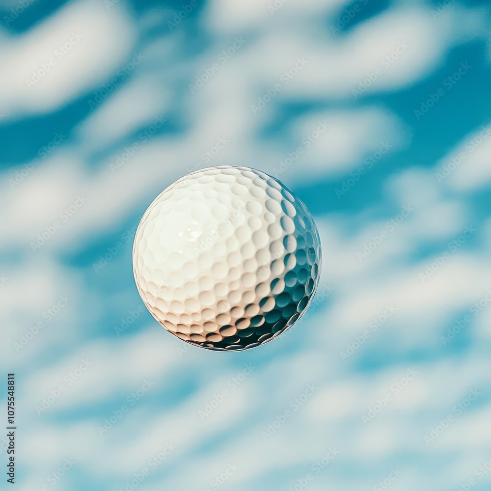 Golf ball in mid-air, captured against a blue sky with clouds, golf ball in flight, precision and distance Golf ball in mid-air, captured against a blue sky with clouds, golf ball in flight, precision and distance