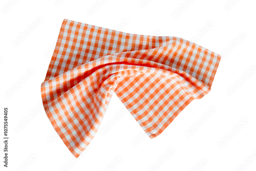 Red orange gingham tablecloth isolated, picnic cloth crumpled food decor, kitchen towel single object Red orange gingham tablecloth isolated, picnic cloth crumpled food decor, kitchen towel single object