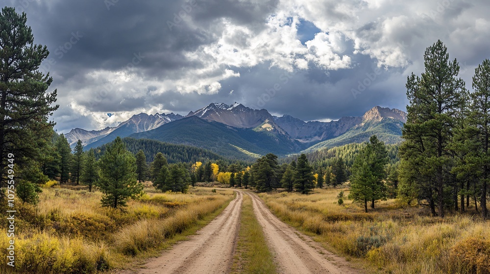 A winding dirt road leads to a majestic mountain range with a cloudy sky. A winding dirt road leads to a majestic mountain range with a cloudy sky.