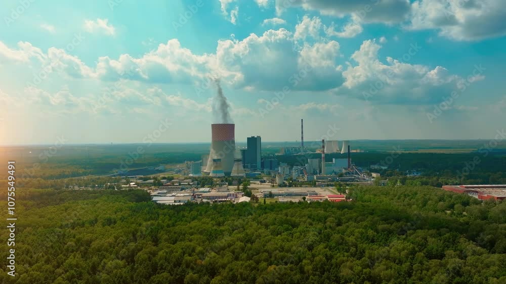 Aerial view of an industrial power plant surrounded by forests during a sunny day with clouds in the sky Aerial view of an industrial power plant surrounded by forests during a sunny day with clouds in the sky