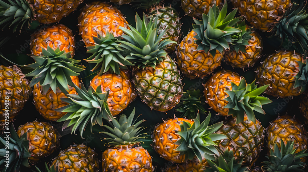 A cluster of ripe tropical fruits with green tops. A cluster of ripe tropical fruits with green tops.