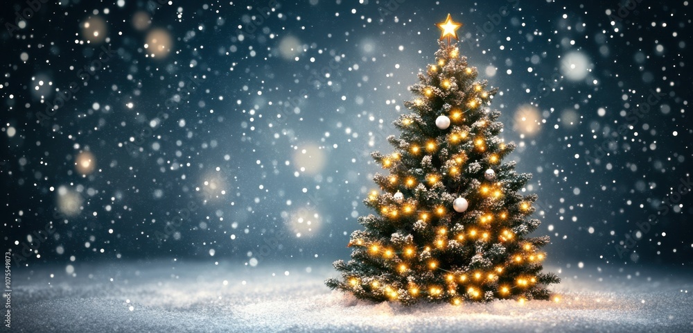 Christmas tree with glowing lights on a dark blue background, starry sky, blurred snow, and a bokeh effect This could be a Christmas card or banner template for a New Year's party Generative AI Christmas tree with glowing lights on a dark blue background, starry sky, blurred snow, and a bokeh effect This could be a Christmas card or banner template for a New Year's party Generative AI