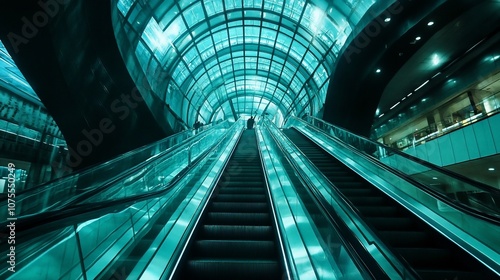 A person walks up an escalator in a modern, sleek building with a glass ceiling.