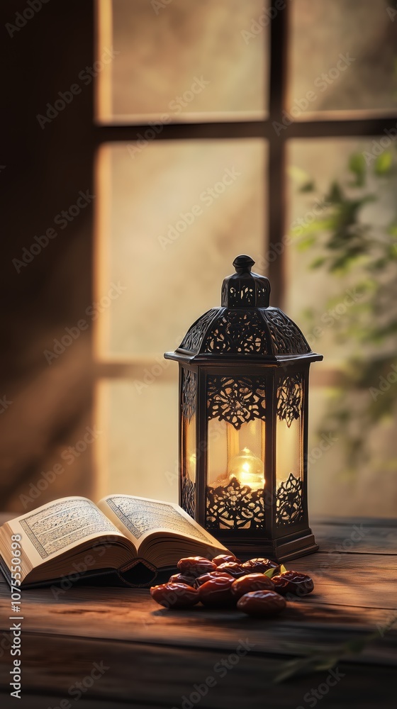 Soft candlelight illuminates a decorative lantern beside a Quran and a plate of dates on a wooden table, creating an inviting atmosphere for Ramadan reflection Soft candlelight illuminates a decorative lantern beside a Quran and a plate of dates on a wooden table, creating an inviting atmosphere for Ramadan reflection