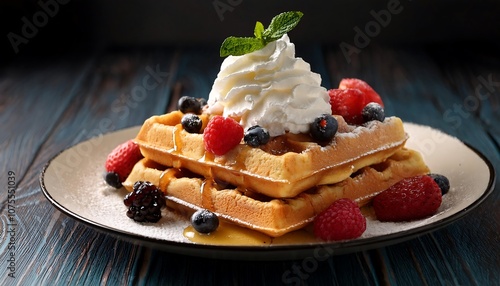  Crisp Belgian waffles are topped with a generous dollop of whipped cream, sweet fresh berri_1(1081) photo