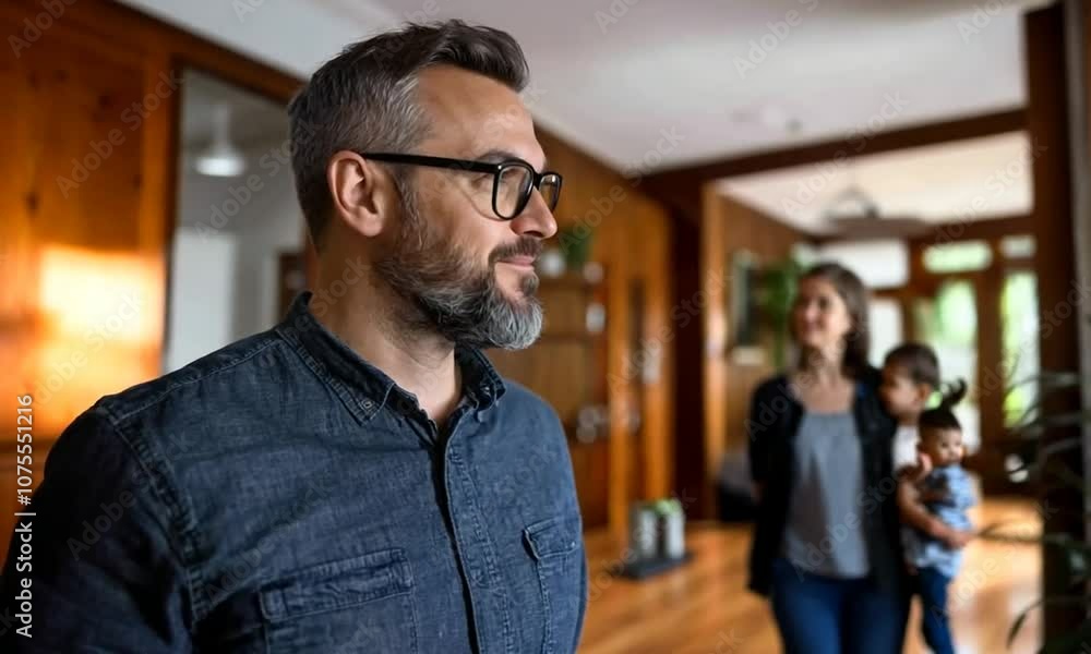 A man stands thoughtfully in a cozy home, with family in the background, creating a warm atmosphere. A man stands thoughtfully in a cozy home, with family in the background, creating a warm atmosphere.