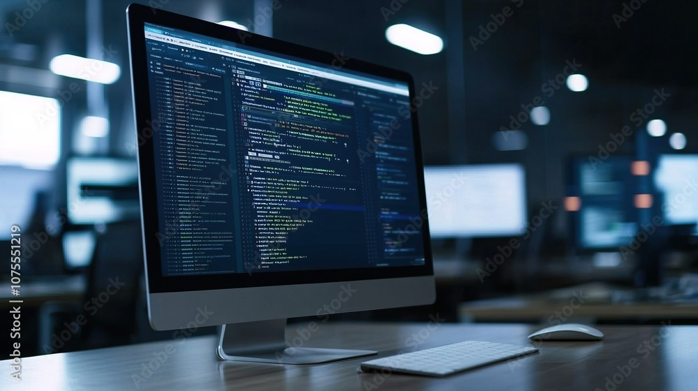 Naklejka premium Online Workspace with Coding on Computer Monitor