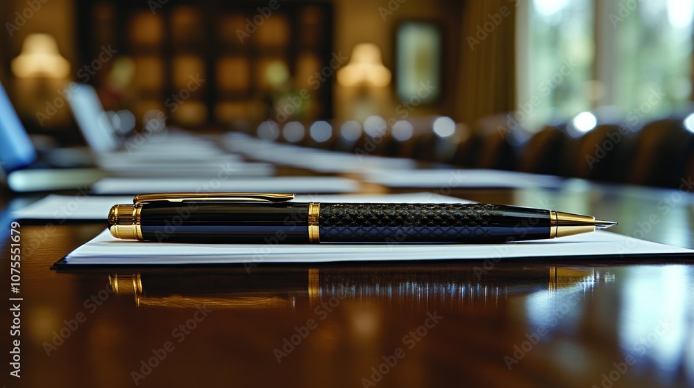 Close-up of a pen on a notepad in a conference room. Close-up of a pen on a notepad in a conference room.
