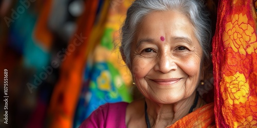 A Joyful Elderly Woman Smiling Brightly, Surrounded by Colorful Textiles in a Vibrant Market, Enjoying the Lively Atmosphere of Her Community