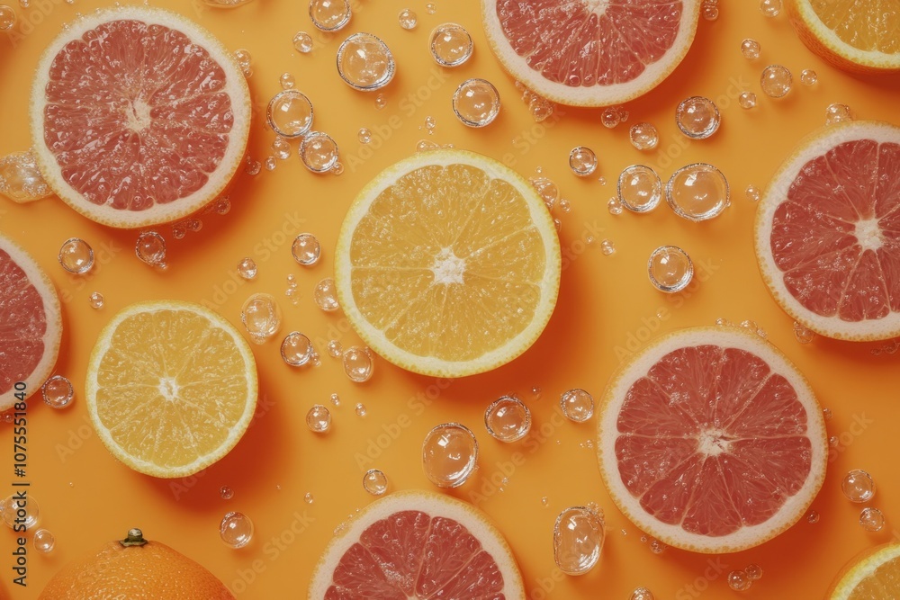 Vibrant Citrus Fruits on Orange Background with Bubbles Vibrant Citrus Fruits on Orange Background with Bubbles