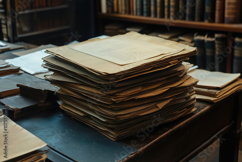 A stack of documents on an antique wooden desk in a vintage library filled with old books during the late afternoon light. Generative AI