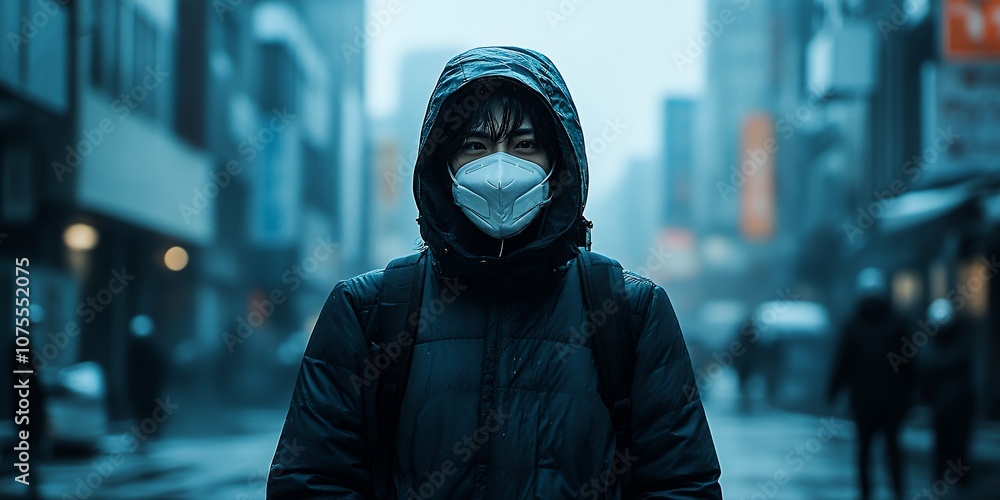 A Person Wearing a Mask Stands in a Busy Urban Street During Twilight, Surrounded by Blurred Figures and City Lights, Emphasizing the Atmosphere of a Cool Evening A Person Wearing a Mask Stands in a Busy Urban Street During Twilight, Surrounded by Blurred Figures and City Lights, Emphasizing the Atmosphere of a Cool Evening