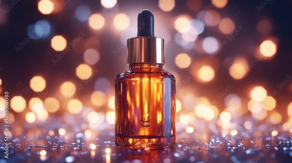 Amber glass dropper bottle with golden lid on a sparkling background. Amber glass dropper bottle with golden lid on a sparkling background.