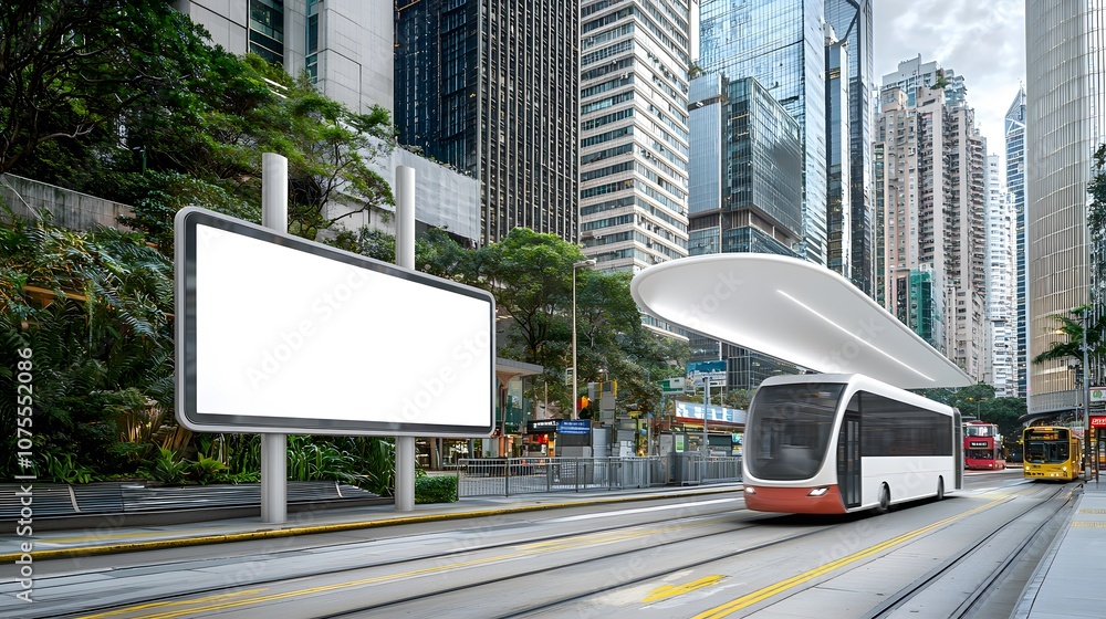 Naklejka premium Blank billboard at a sleek, modern bus shelter, blending seamlessly with city architecture.