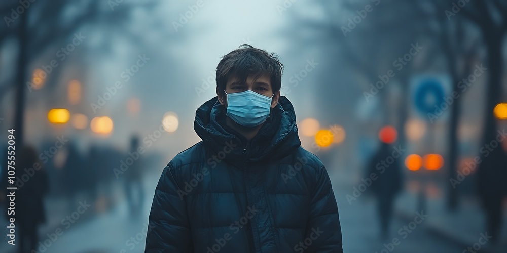 A Young Person Wearing a Blue Mask Stands in a Foggy Urban Environment Filled With People During Dusk, Highlighting the Ongoing Public Health Concerns Faced in Modern Cities A Young Person Wearing a Blue Mask Stands in a Foggy Urban Environment Filled With People During Dusk, Highlighting the Ongoing Public Health Concerns Faced in Modern Cities