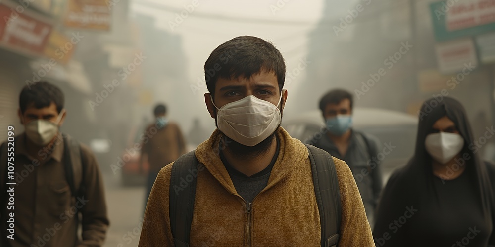 People Wearing Masks Walking Through a Polluted Street in a City During the Day, Highlighting the Impact of Air Pollution on Daily Life People Wearing Masks Walking Through a Polluted Street in a City During the Day, Highlighting the Impact of Air Pollution on Daily Life