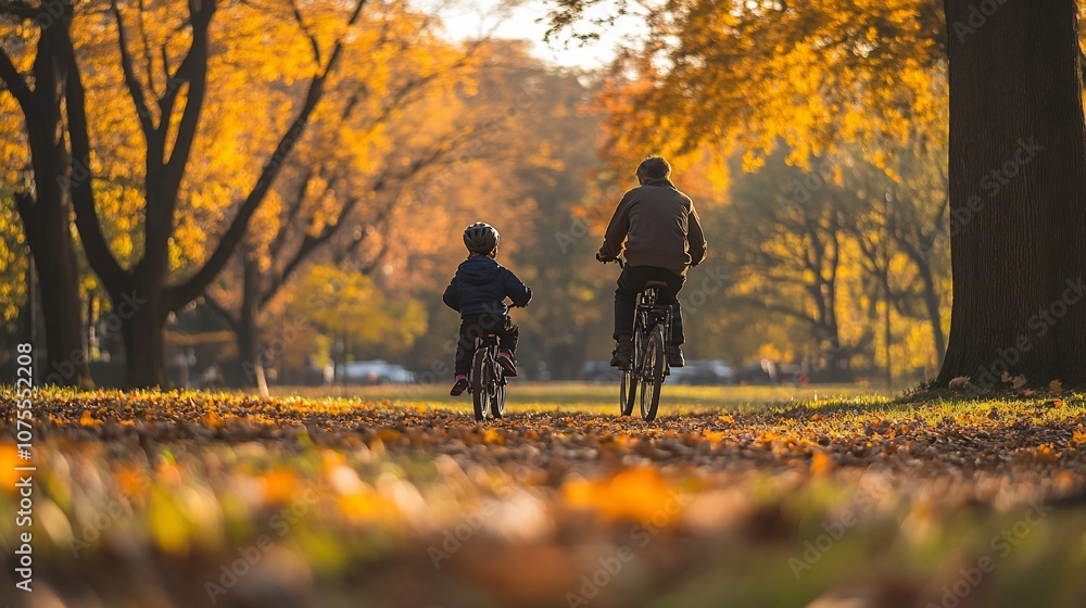Father and son biking on a fall path. Father and son biking on a fall path.