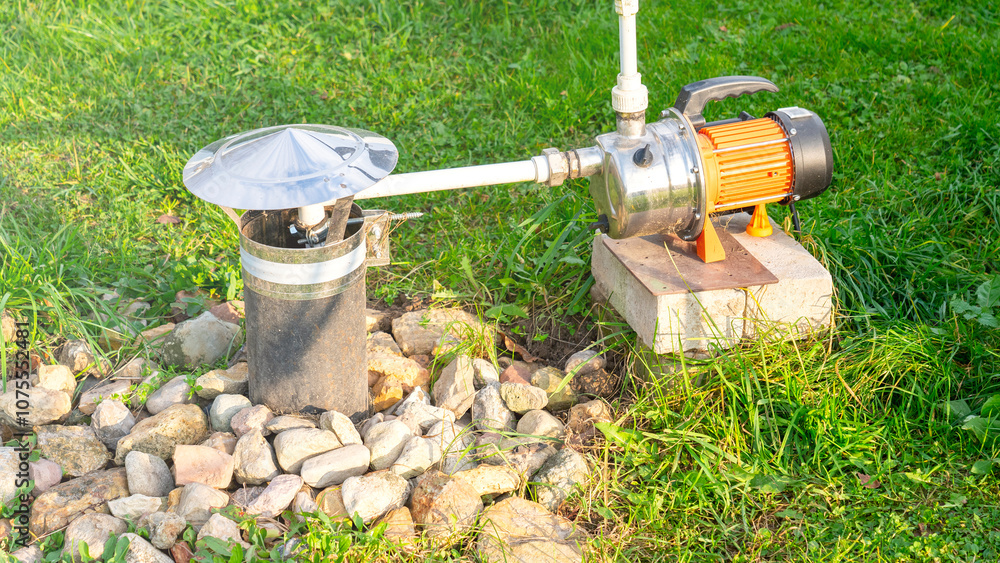 A water pump is sitting on a grassy area with rocks and a metal cover. The pump is connected to a pipe and is surrounded by grass A water pump is sitting on a grassy area with rocks and a metal cover. The pump is connected to a pipe and is surrounded by grass