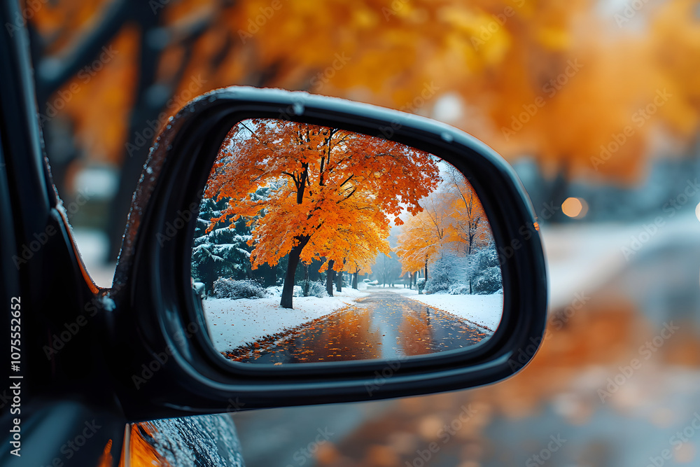 Autumn reflections in a car side mirror showcasing vibrant orange foliage and snow-covered roads, illustrating the beauty of seasonal change and nature's contrast in colors
Autumn reflections in a car side mirror showcasing vibrant orange foliage and snow-covered roads, illustrating the beauty of seasonal change and nature's contrast in colors