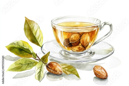 Hand-Drawn Sacha Inchi Herbal Tea Set: Watercolor Illustration of Nutritious Seed Rich in Omega Oils and Vitamins photo