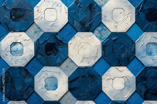 Abstract geometric composition with textured octagonal tiles in shades of blue and white, creating a three-dimensional layered effect. Rough brushstrokes and textured surfaces add depth and detail photo