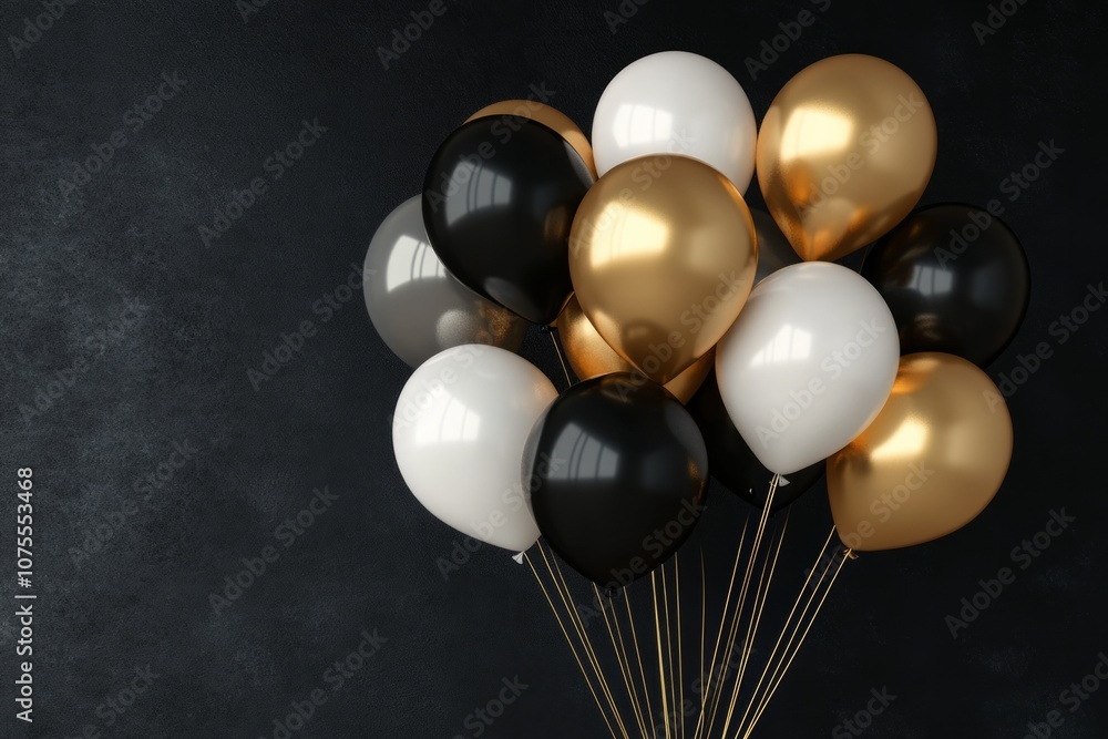 balloons in black, white, and gold colors on a dark background. balloons in black, white, and gold colors on a dark background.