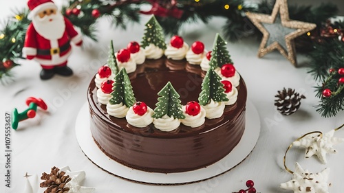 Christmas chocolate cake covered with cream and decorated with berries and sprigs of fir trees.