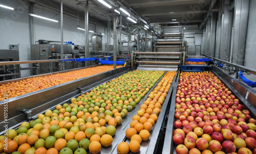 A factory processes oranges, limes, and apples on conveyor belts photo