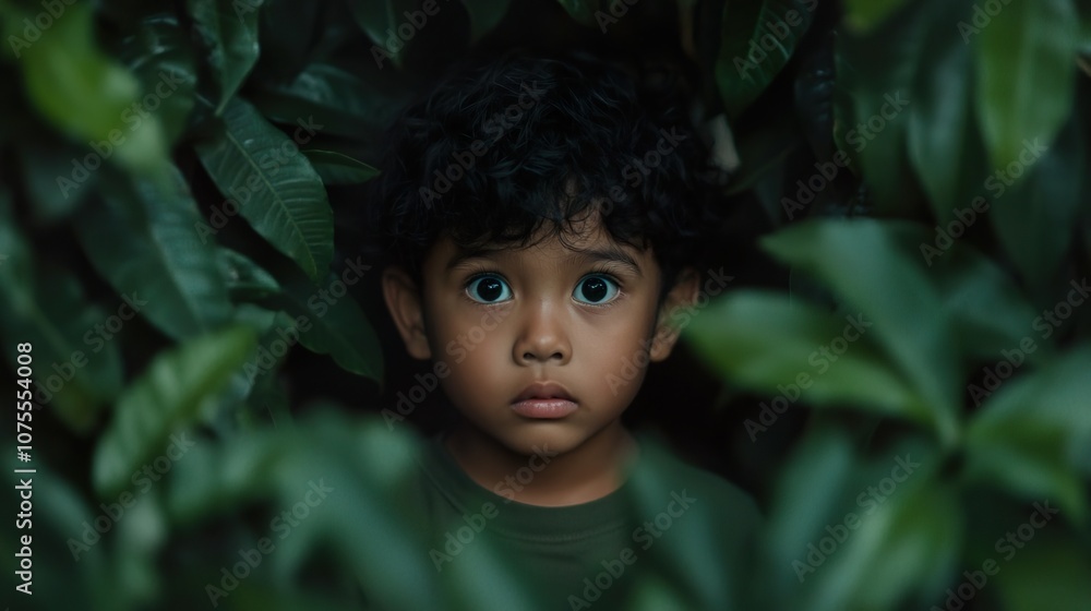 Curious Child Peeking Through Dense Green Foliage Curious Child Peeking Through Dense Green Foliage