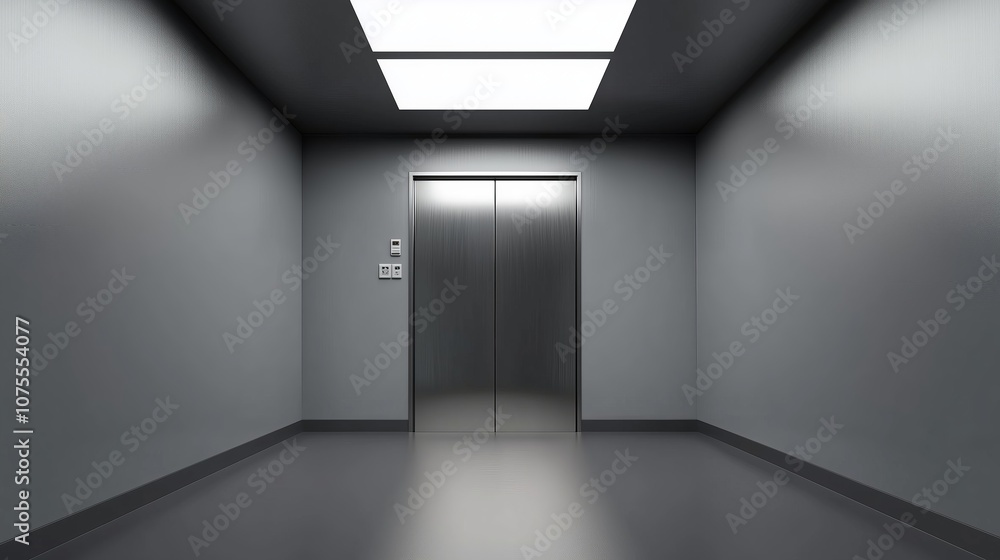 Minimalist Industrial Elevator Interior with Stainless Steel Doors and Modern Lighting, Ideal for Office Building, Hotel, and Corporate Design Concepts Minimalist Industrial Elevator Interior with Stainless Steel Doors and Modern Lighting, Ideal for Office Building, Hotel, and Corporate Design Concepts
