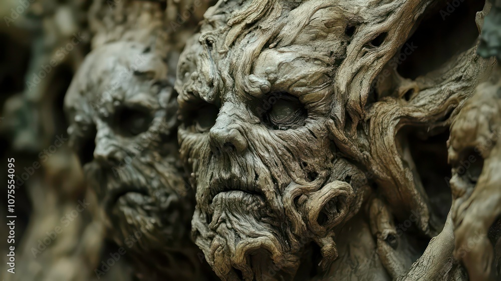 Close-up of three grotesque, wooden, humanoid faces, seemingly carved from a tree trunk, with bulging eyes and weathered skin, arranged in a row. Close-up of three grotesque, wooden, humanoid faces, seemingly carved from a tree trunk, with bulging eyes and weathered skin, arranged in a row.