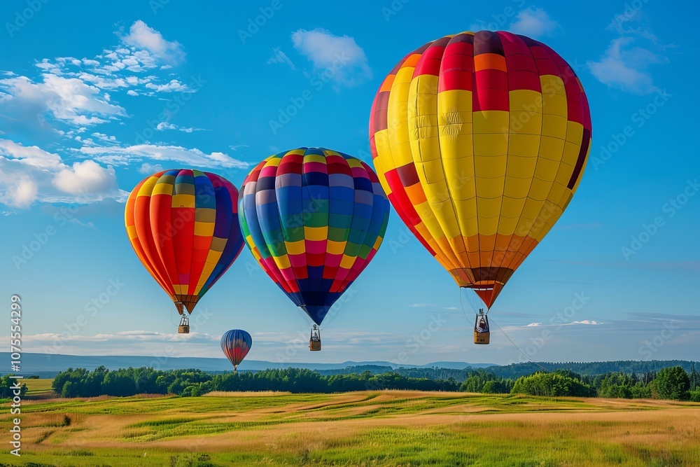 Fototapeta premium Four hot air balloons floating over a field, with a blue sky and clouds in the background