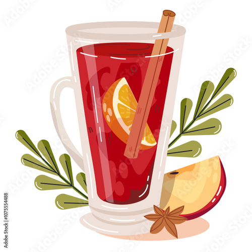 Mulled wine. Hot wine with spices, sugar syrup, honey or citrus fruits. Germany, Austria, Italy, Czech Republic, Switzerland. Elements for Christmas, winter design,menu, banner, card