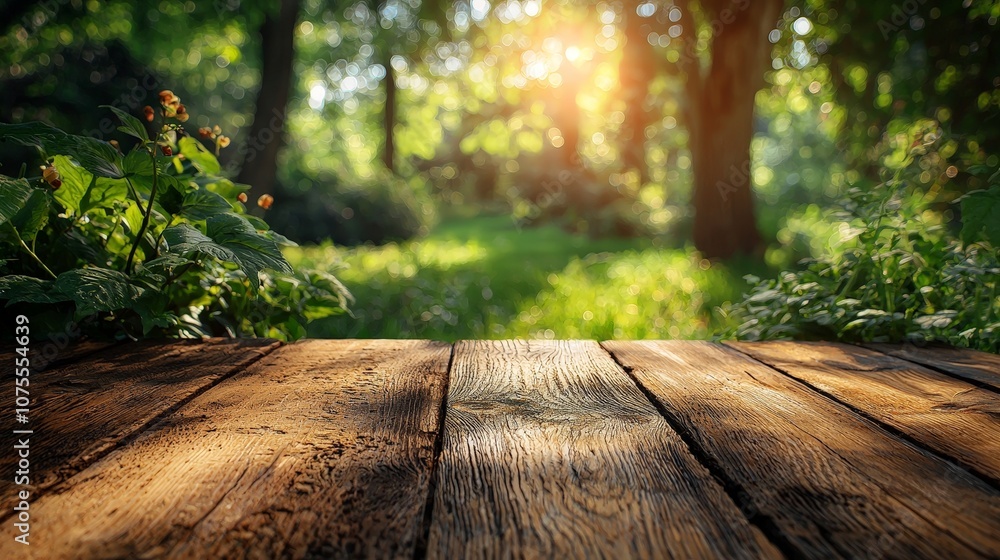 A sunlit forest scene with a wooden surface in the foreground, creating a serene atmosphere.