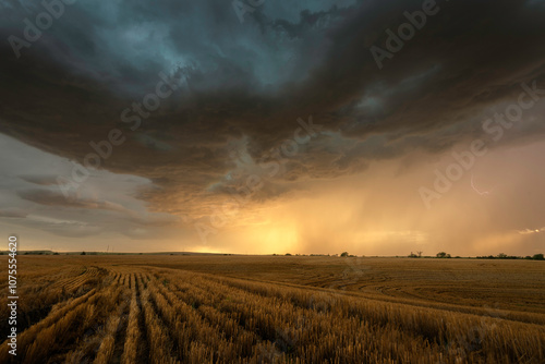 Dramatic sunset light illuminates a thunderstorm over a wheatfield in northern Kansas in the Summer.