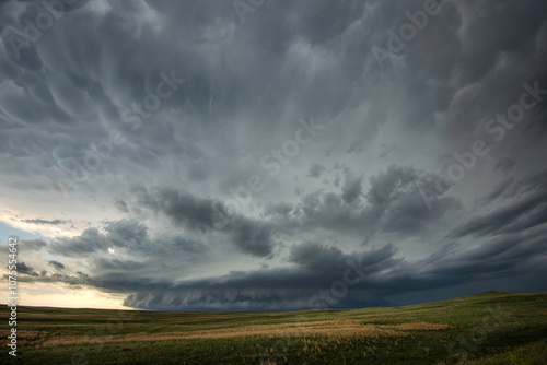 An ominous storm spins over the sandhills in western Nebraska as puffy mammatus clouds droop overhead.