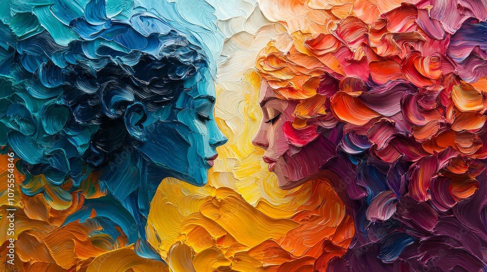 Serene Harmony: An impasto painting of two women's faces, one in cool blues and the other in warm oranges and reds, their profiles meet in peaceful contemplation. Serene Harmony: An impasto painting of two women's faces, one in cool blues and the other in warm oranges and reds, their profiles meet in peaceful contemplation.