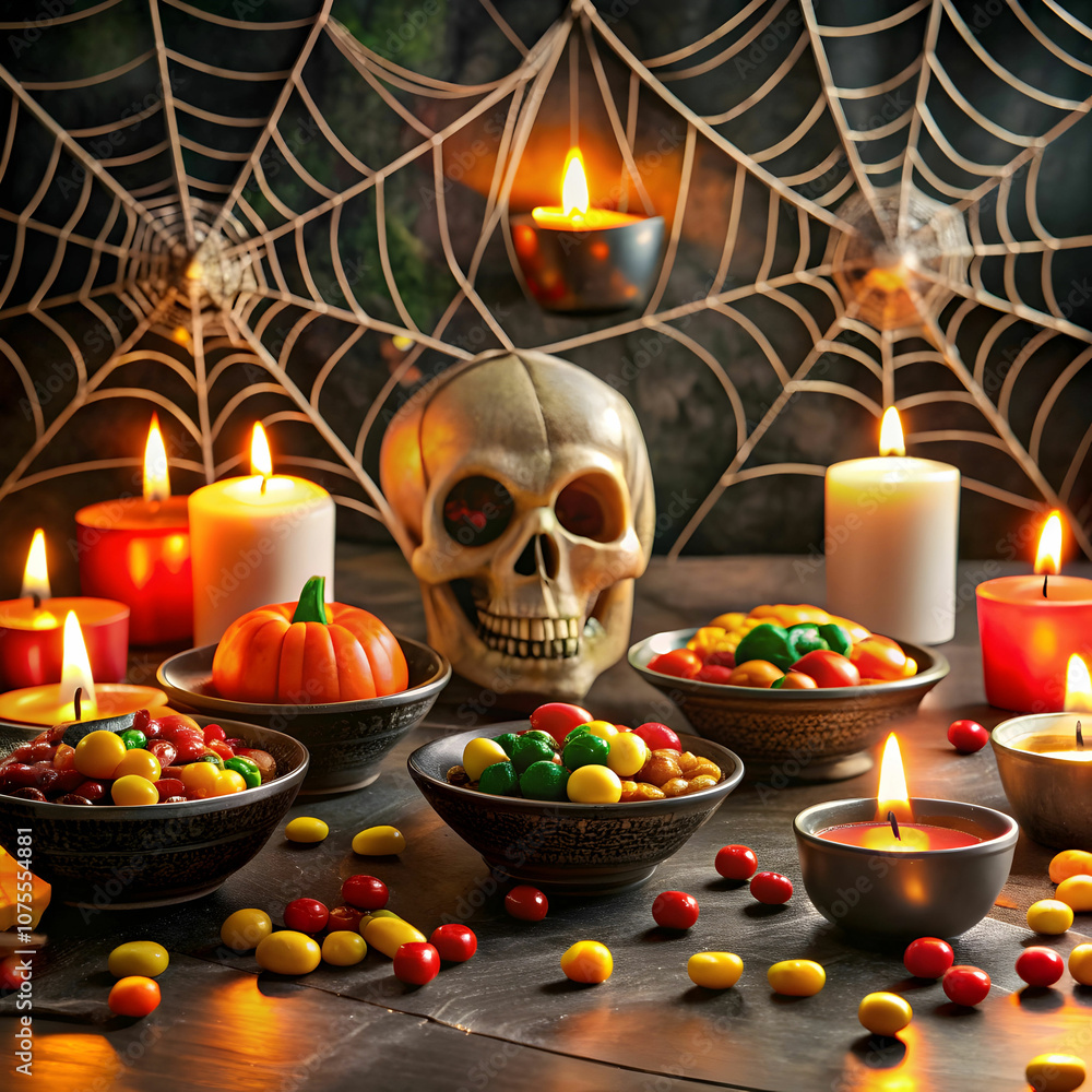 A festive Halloween party table adorned with spiderweb decorations A festive Halloween party table adorned with spiderweb decorations