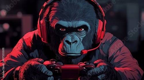 Cool gorilla gamer look with red hoodie and headset on controller picture photo