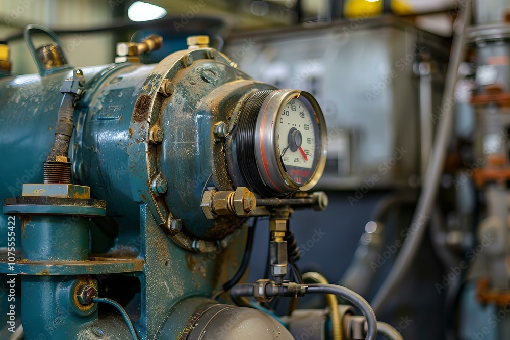 Closeup of an industrial pressure gauge measuring pressure on an old machine in a factory setting Closeup of an industrial pressure gauge measuring pressure on an old machine in a factory setting