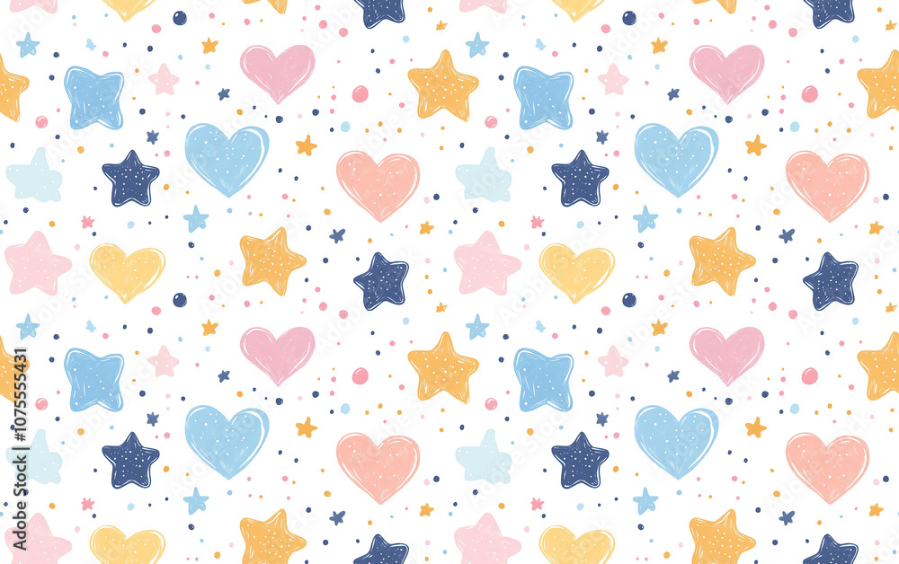 A cheerful pattern featuring pastel hearts and stars scattered on a white background, ideal for playful designs and children's themes. Seamless pattern A cheerful pattern featuring pastel hearts and stars scattered on a white background, ideal for playful designs and children's themes. Seamless pattern
