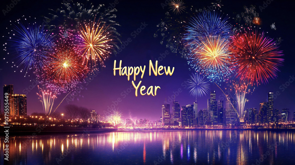 Happy New Year Fireworks Display Over Cityscape Happy New Year Fireworks Display Over Cityscape
