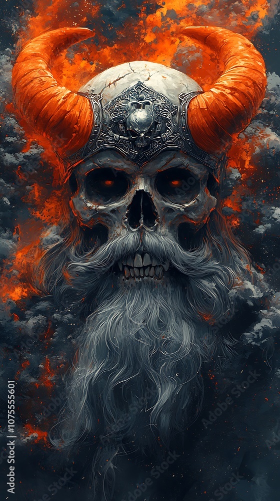 Obraz premium Fierce skull wearing Viking helmet with glowing eyes and braided beard